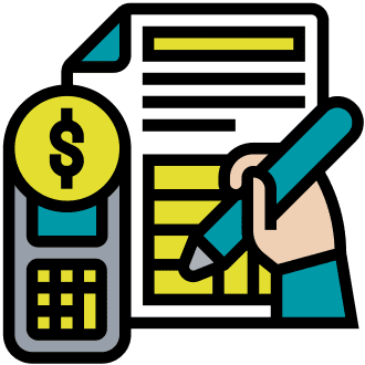 A cartoon hand holding a pencil against a form. A calculator sits to the right with a dollar sign in a yellow circle above it.