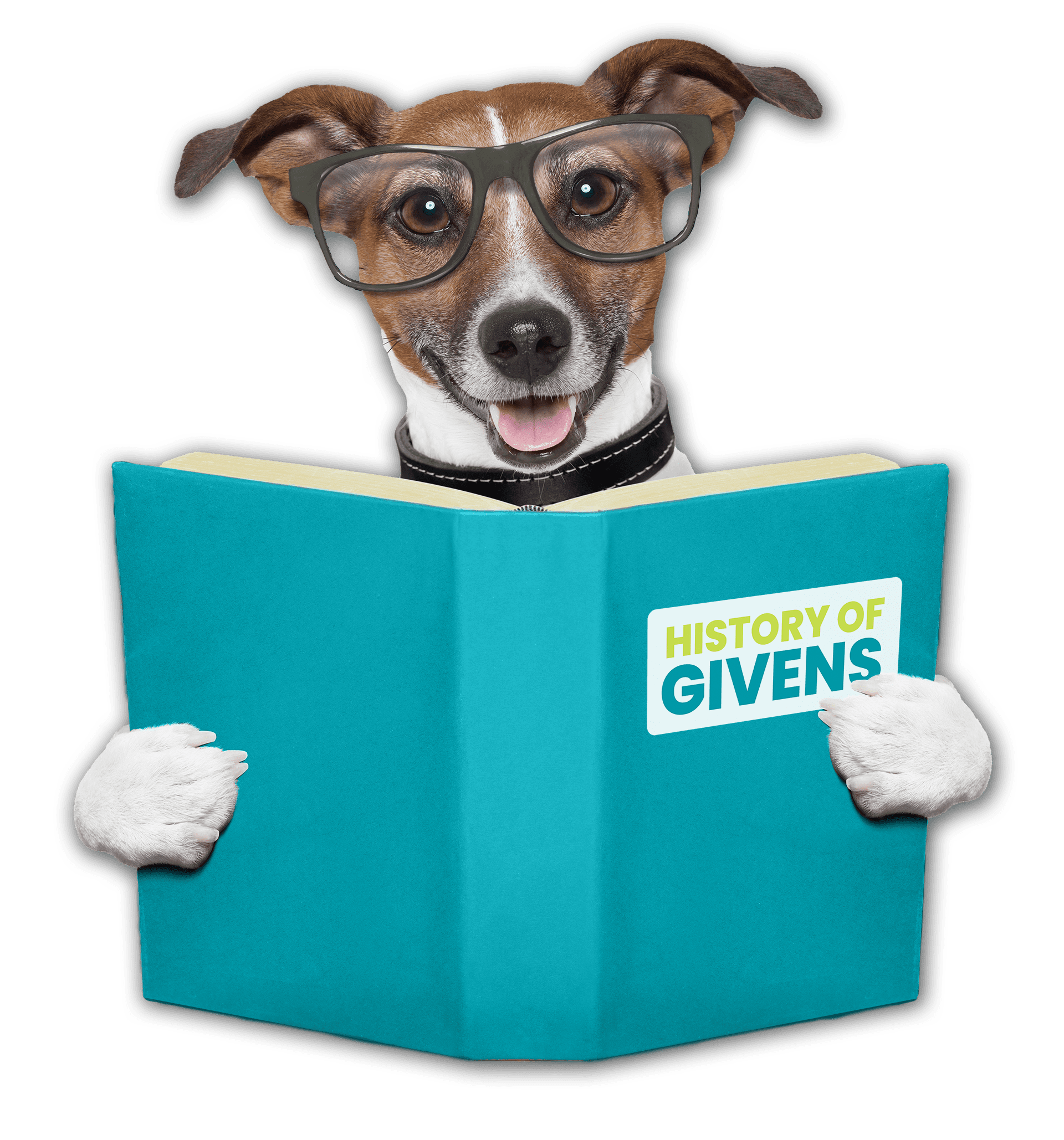dog wearing glasses and holding a book titled "history of givens"