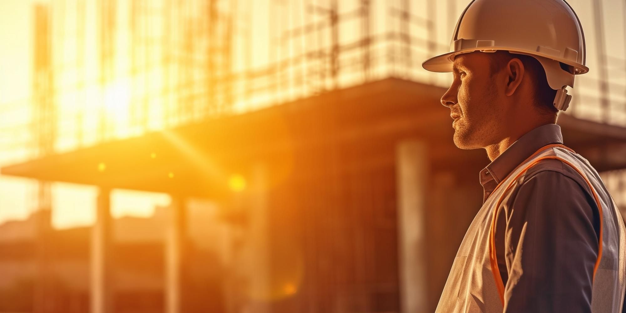 a construction worker looks out upon a job site
